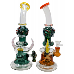 10" On Point Glass Assorted Devil Face Dual Horn Showerhead Perc Water Pipe - [ABC69]